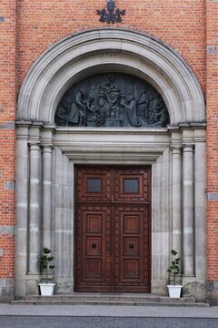Main entrance to the medieval cathedral in Plock, Poland.