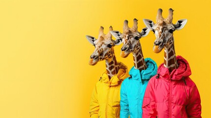 Three giraffes wearing colorful jackets.