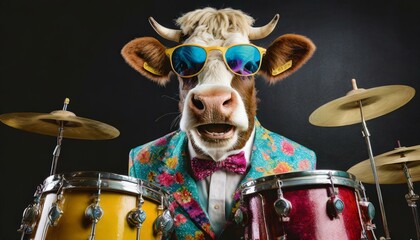 cow playing drums in colorful retro suit, rockband, black background