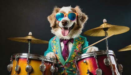 Fototapeta premium dog playing drums in colorful retro suit with sunglasses like a rockstar, black background, isolated portrait