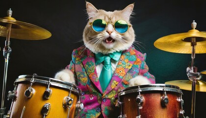 cat playing drums in colorful retro suit with sunglasses like a rockstar, black background, isolated portrait
