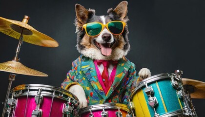 dog playing drums in colorful retro suit with sunglasses like a rockstar, black background, isolated portrait
