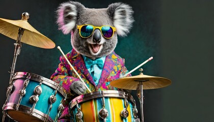 koala bear playing drums in colorful retro suit with sunglasses like a rockstar, black background, isolated portrait
