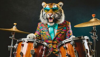 tiger playing drums in colorful retro suit with sunglasses like a rockstar, black background, isolated portrait