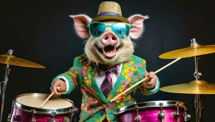 pig playing drums in colorful retro suit with sunglasses like a rockstar, black background, isolated portrait