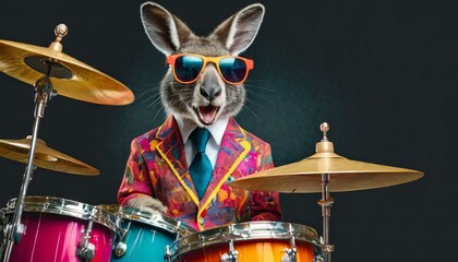 kangaroo playing drums in colorful retro suit with sunglasses like a rockstar, black background, isolated portrait