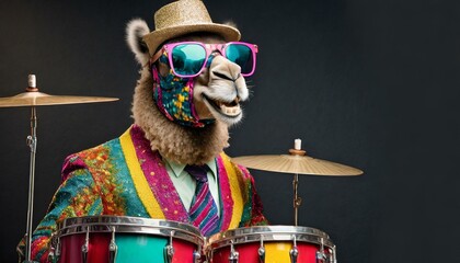 camel playing drums in colorful retro suit with sunglasses like a rockstar, black background, isolated portrait