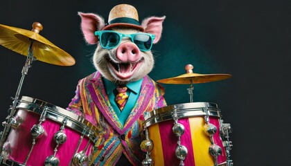 pig playing drums in colorful retro suit with sunglasses like a rockstar, black background, isolated portrait