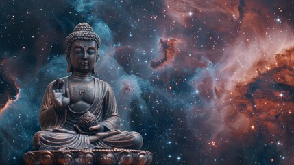 Buddha statue in cosmic backdrop, meditating amidst stars, representing enlightenment and the universe. Perfect for conceptual art.