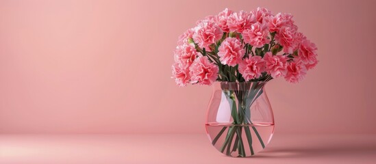 Fototapeta premium Vase Filled With Pink Carnations on Pink Background
