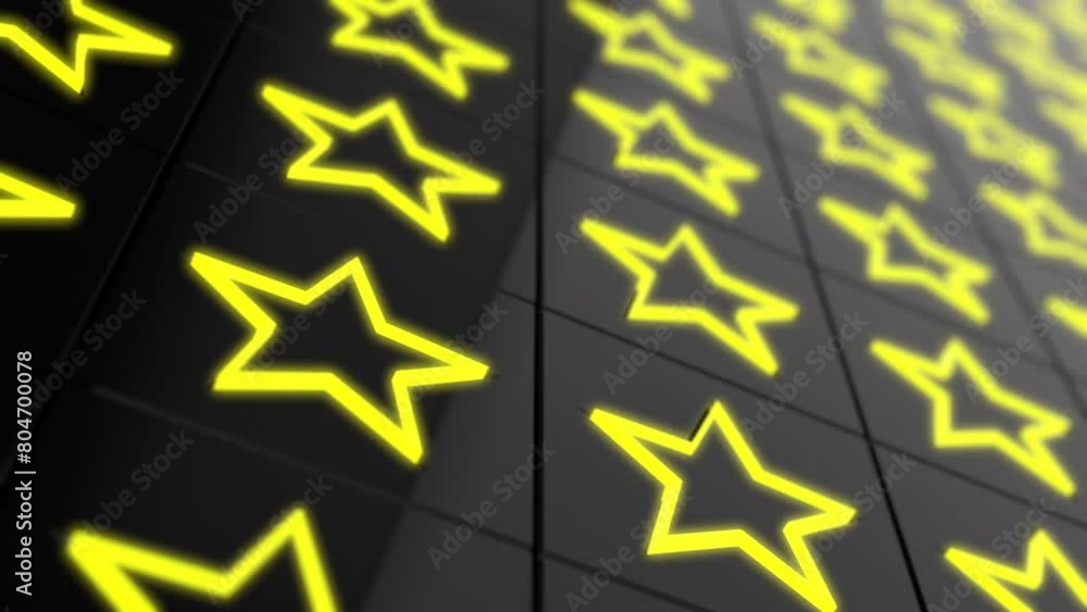 Poster seamless looping 3d animation of an abstract background with yellow stars on black metallic backgrou
