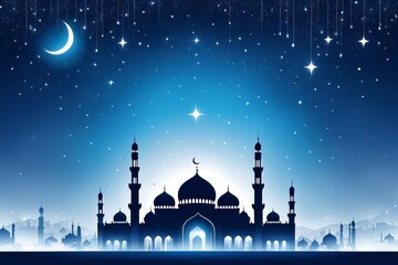 Eid AlFitr-themed illustration with a serene blue and white color palette. A mosque silhouette rises in the misty sky, embellished with shimmering stars.