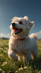 Fröhlicher Spaziergang im Frühling: Weißer Malteser genießt die Blumenwiese