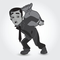 Cartoon illustration man carrying a heavy bag on his back worn coat