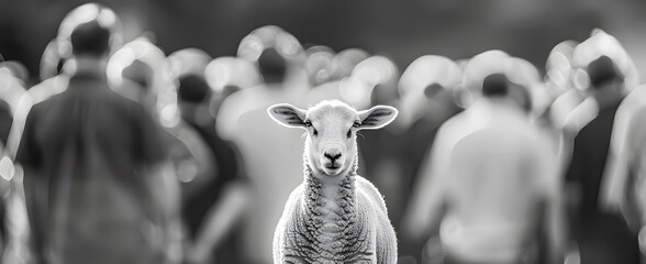 Black and white image of a sheep among people. 