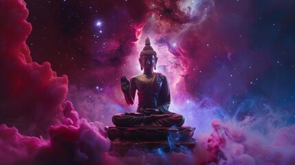 Buddha statue in cosmic backdrop, meditating amidst stars, representing enlightenment and the universe. Perfect for conceptual art.