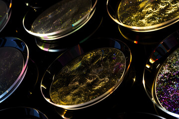 Mesmerizing neon ovals with silver and gold streaks. Neon art on black background.