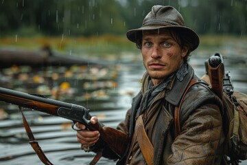 Fototapeta premium Weathered hunter is holding a gun while sitting on a makeshift wooden raft in wet surroundings