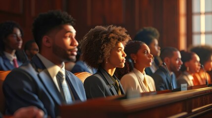 A group of diverse jurors seated in the jury box, leaning forward to catch every detail of the testimony being presented, their focus illuminated by the natural light streaming through the courtroom