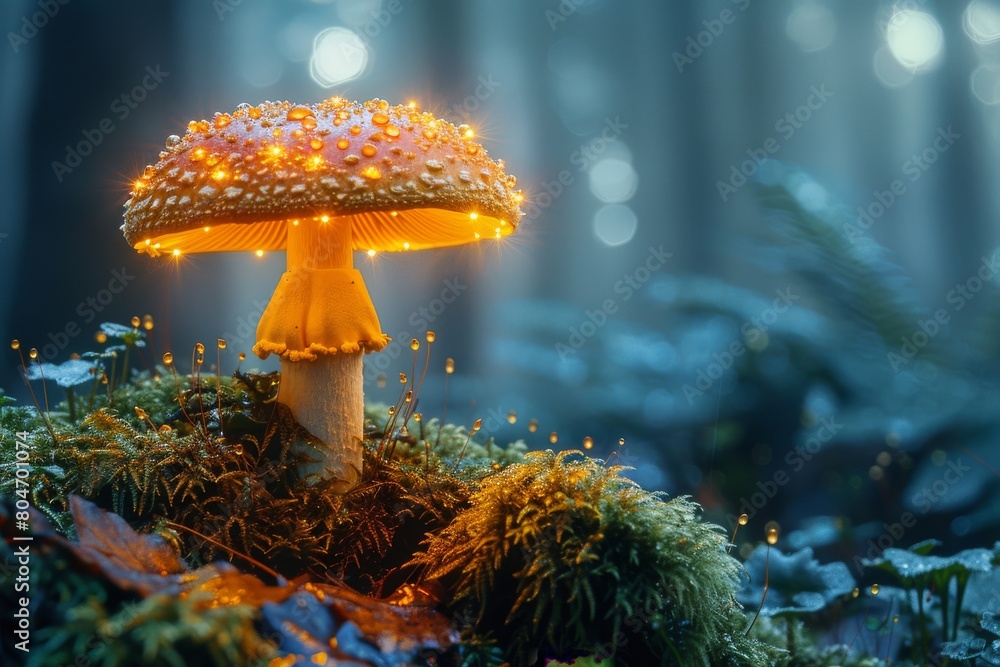 Poster a vibrant mushroom with fiery sparks against a soft, bokeh-filled twilight forest creating an otherw