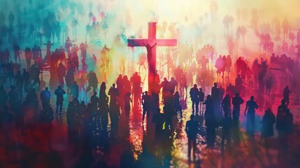 Many people around the cross, christian concept, modern painting