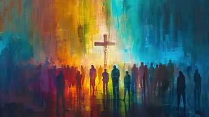 Obraz premium Many people around the cross, christian concept, modern painting