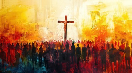 Many people around the cross, christian concept, modern painting