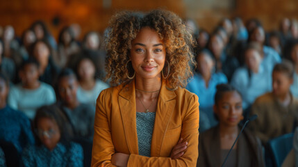 Confident Female Motivational Speaker Engaging Audience in Seminar