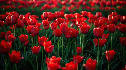 Fototapeta premium A stunning sea of vibrant red tulips stretches across the field creating a picturesque floral backdrop that epitomizes the beauty of spring