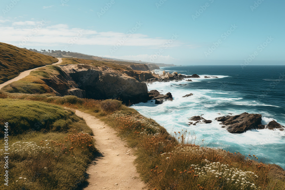 Wall mural A scenic coastal path winding along cliffs with panoramic views of the ocean, isolated on solid white background.