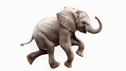 Joyful young elephant in mid-stride with a playful pose. Ideal for children's books and educational materials. Lifelike digital illustration. AI