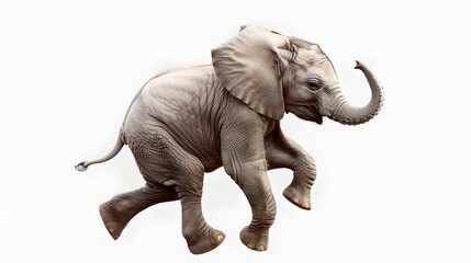 Obraz premium Joyful young elephant in mid-stride with a playful pose. Ideal for children's books and educational materials. Lifelike digital illustration. AI