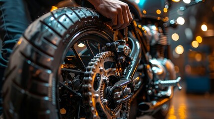 Professional Mechanic Tightening Motorcycle Wheel in a Modern Workshop