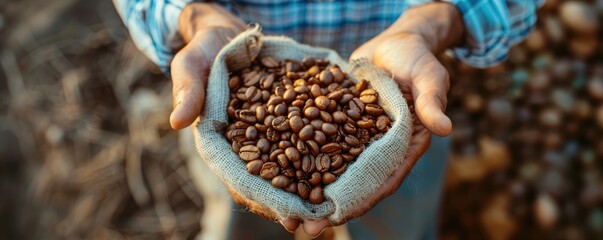 Close up of the farmes hand holding coffee beans in farm.