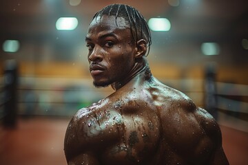 Backlit image of a muscular male boxer in a ring, showcasing his physique and focus