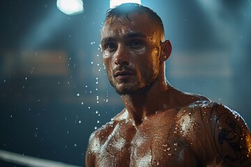 A tattooed, focused male boxer with beads of sweat on his face, exuding intensity in the gym