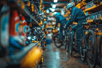 Naklejka premium Vivid bicycle shop filled with various bikes, shopper blurred in background
