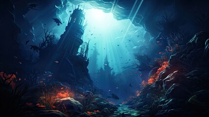 Mysterious Underwater World with Sunlit Old Shipwreck and Vibrant Coral Reef