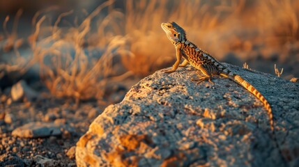 Fototapeta premium Serene image of a Bearded Dragon soaking up the sun on a boulder, showcasing its distinct patterns