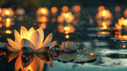 Lotus vesak/wesak lanterns floating on water with light reflection and copy space - generative ai