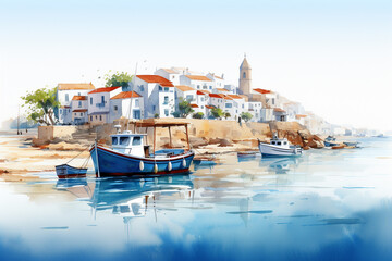 A charming coastal village with traditional fishing boats moored in a picturesque harbor, isolated on solid white background.