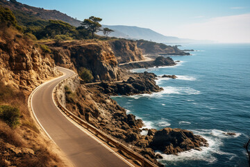 A scenic coastal road winding through rugged cliffs overlooking the ocean, isolated on solid white...