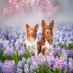 playful dogs frolic in the blooming garden