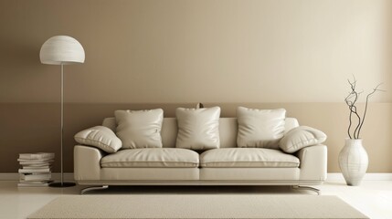 Modern living room with leather sofa and decoration in warm beige background.
