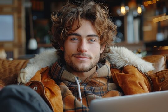 A relaxed young man with a laptop sits on a sofa in a warm and inviting space, suggesting productivity and ease