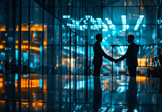 business men silhouettes handshake with a blurred dark background with an office building in the background