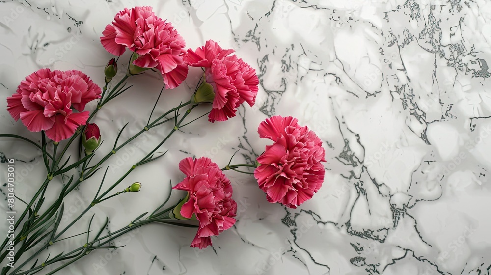 Poster Carnations blossoms set against a backdrop of marble