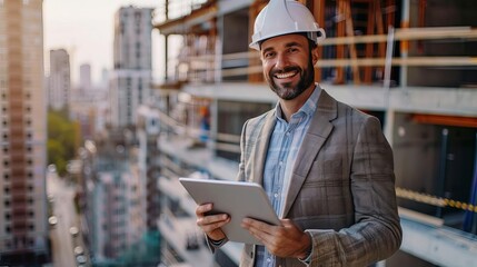 Happy businessman with hardhat standing with tablet pc at construction site