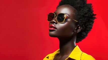 An african woman wearing sunglasses against a red background. Wearing vibrant color yellow clothing. Pop culture and fashion photography.