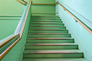Mint green stairs with a timeless wooden handrail, fresh and light home ambiance.
